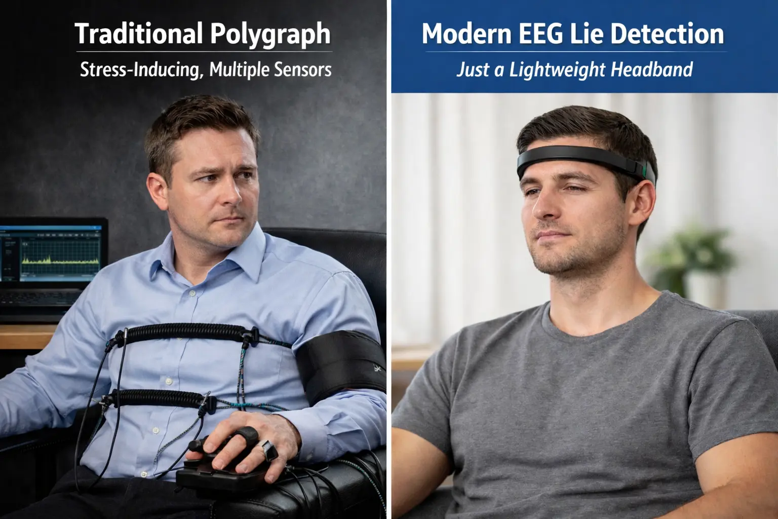Split image showing traditional polygraph test with multiple sensors vs modern P300 EEG test using only a headband on a test in Romney Marsh
